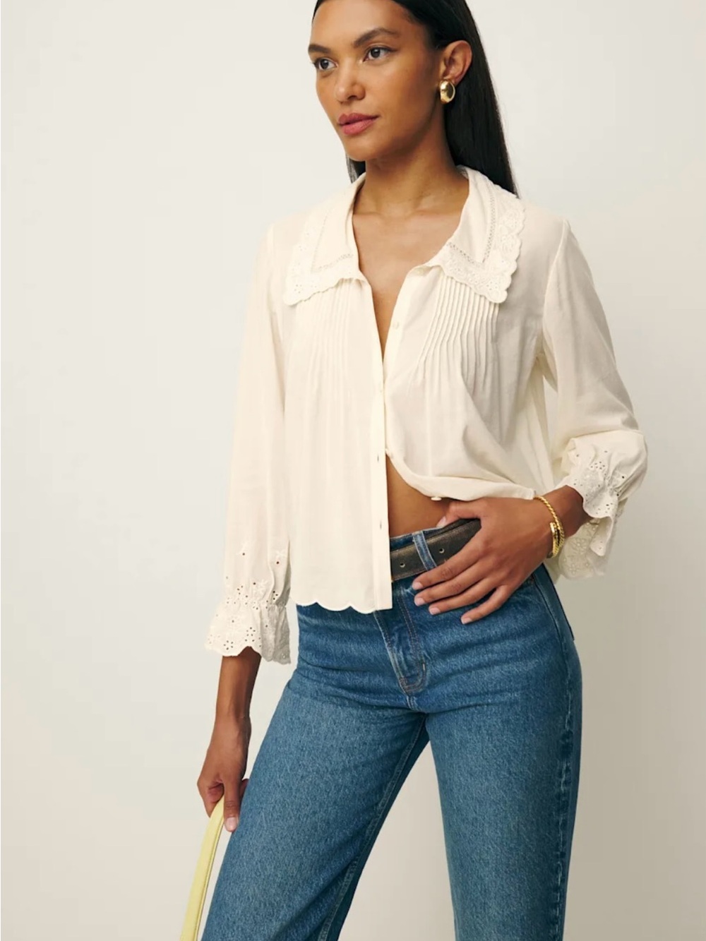 Medium Reformation Cream Lace-Trim Peasant Blouse